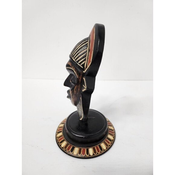 Vintage African Wooden Hand Carved Standing Tribal Mask Sculpture Black Red - Picture 3 of 8